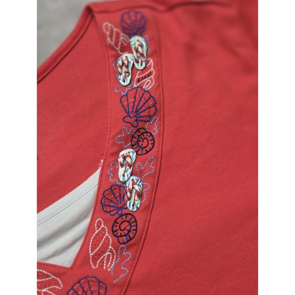 Vintage 80's Bon Worth Embroidered Short Sleeve Top Seashells Flip Flops Size L - Picture 5 of 10